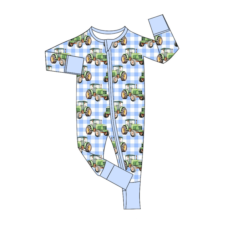 Baby Boy Long Sleeves Farm Trucks Blue Plaid Zipper Romper