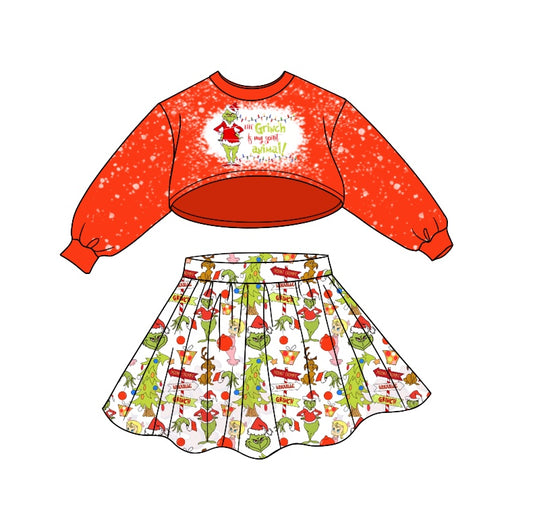 Baby Girl Christmas Long Sleeves Tops Green Face Skirt Kids Outfit Moq 5