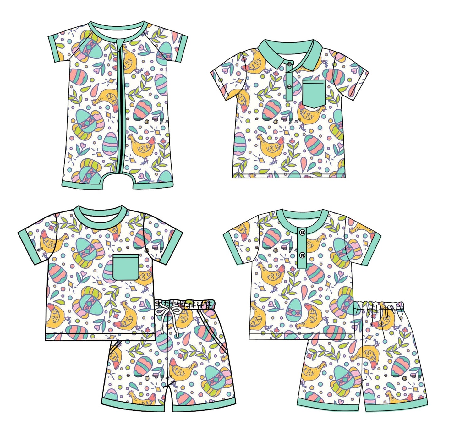 Baby Boy Easter Eggs Chicken Sibling Romper Shirt Set ( Moq 5 Each Style ) 2.20