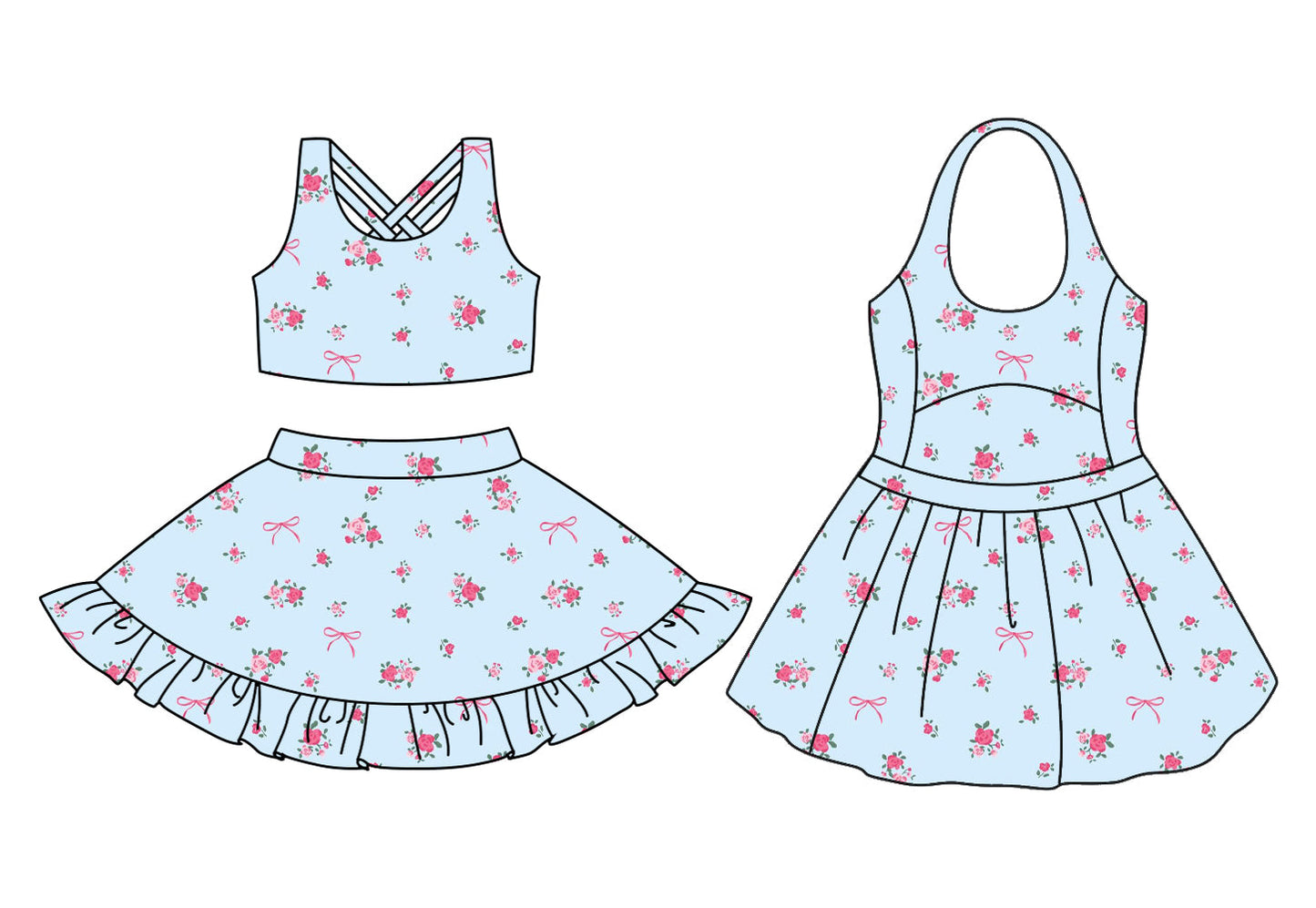 ( Moq 5 Each Style ) Baby Girl Sleeveless Flower Bows Blue Sibling Skort Dress Set 3.22