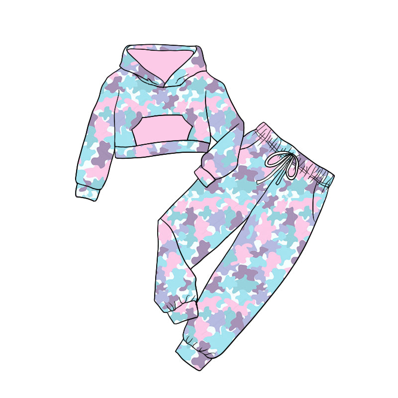 Baby Girl Long Sleeves Camo Hoodie Shirt Pants Colorful Set