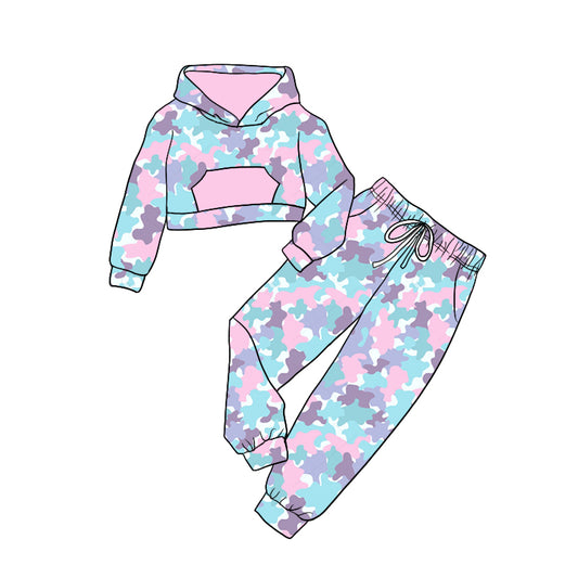 Baby Girl Long Sleeves Camo Hoodie Shirt Pants Colorful Set