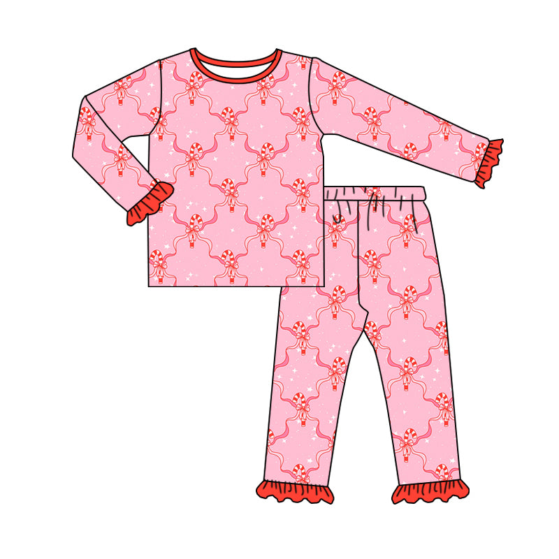 Baby Girl Long Sleeves Candy Cane Bows Shirt Pants Pink Set