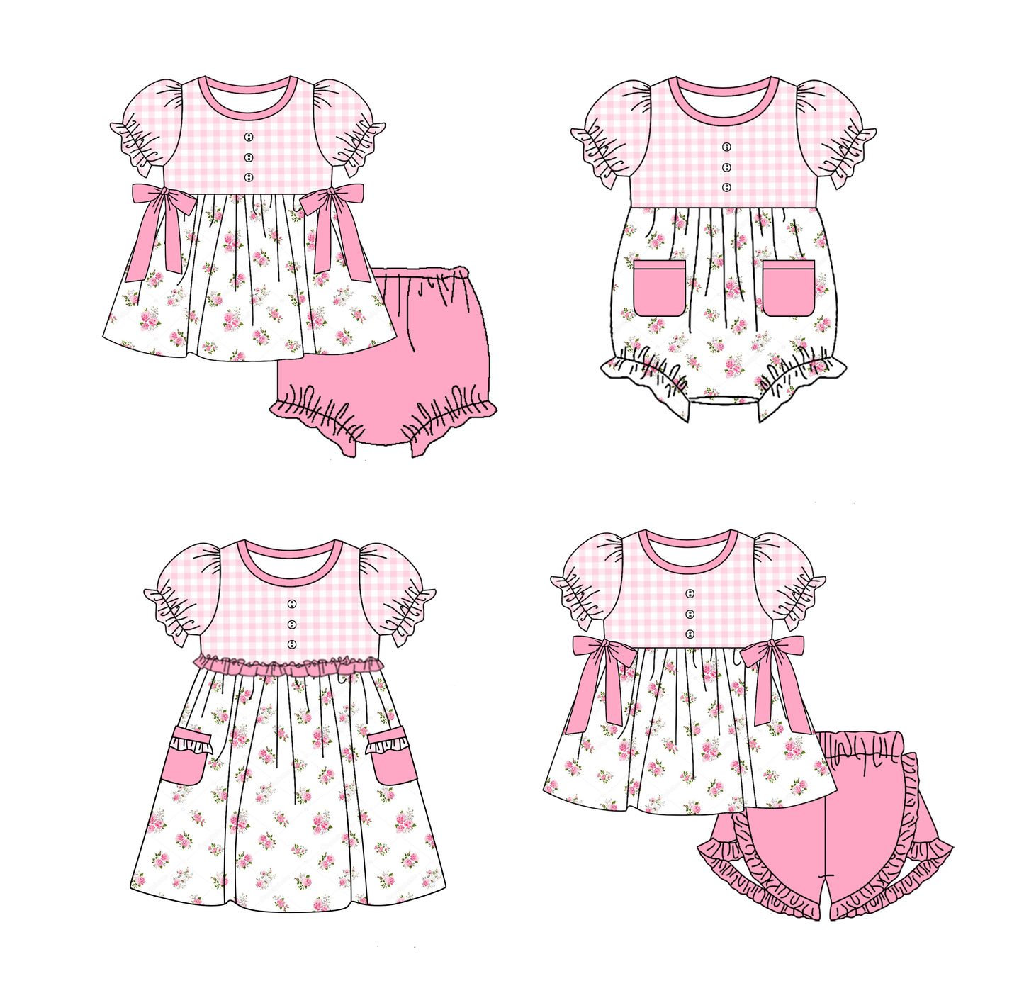 Baby Girl Short Sleeves Flower Plaid Pink Sibling Romper Dress Clothes Set ( Moq 5 Each Design )