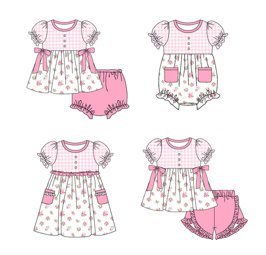 Baby Girl Short Sleeves Flower Plaid Pink Sibling Romper Dress Clothes Set ( Moq 5 Each Design )