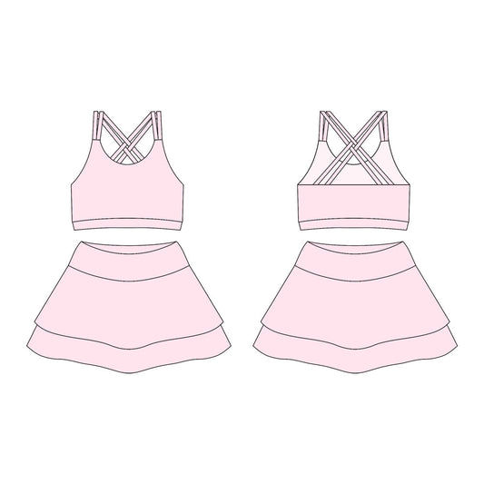（ Moq 10 ）Baby Girl Light Pink Straps Activity Wear Vests Tops Shorts Skirts Yoga Set