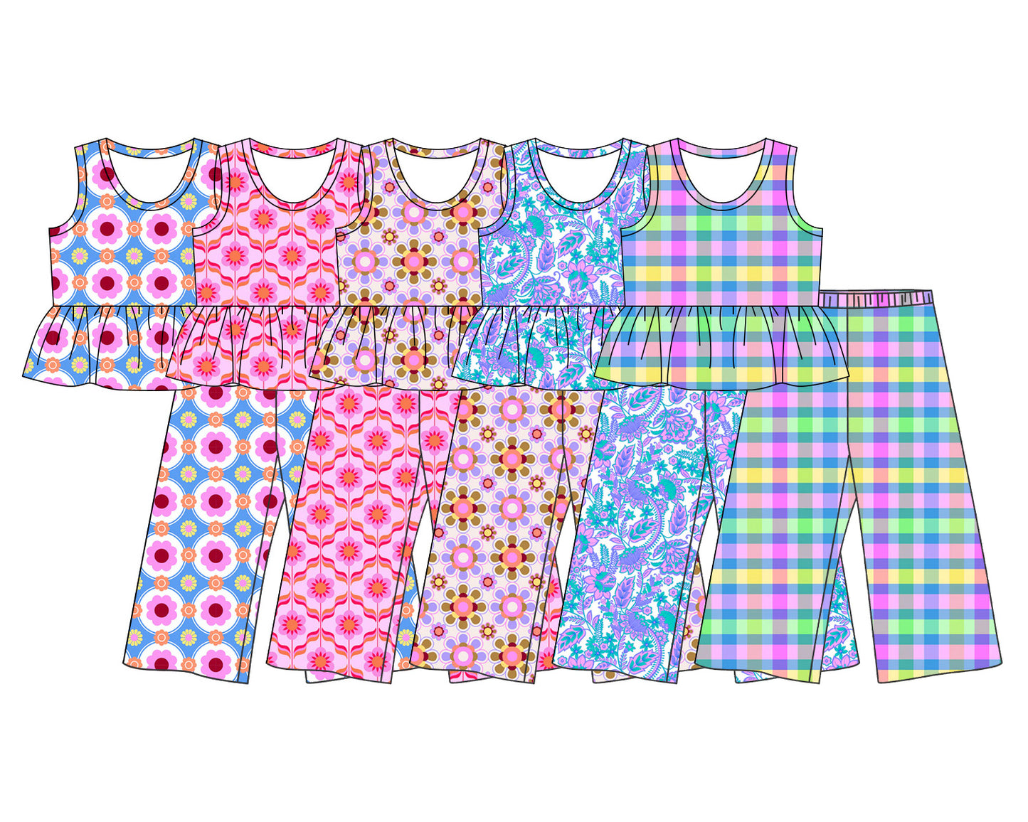 ( Moq 5 Each Style ) Sibling Baby Girls Kids Sleeveless Flower Plaid Shirts Pants Sets Clothes