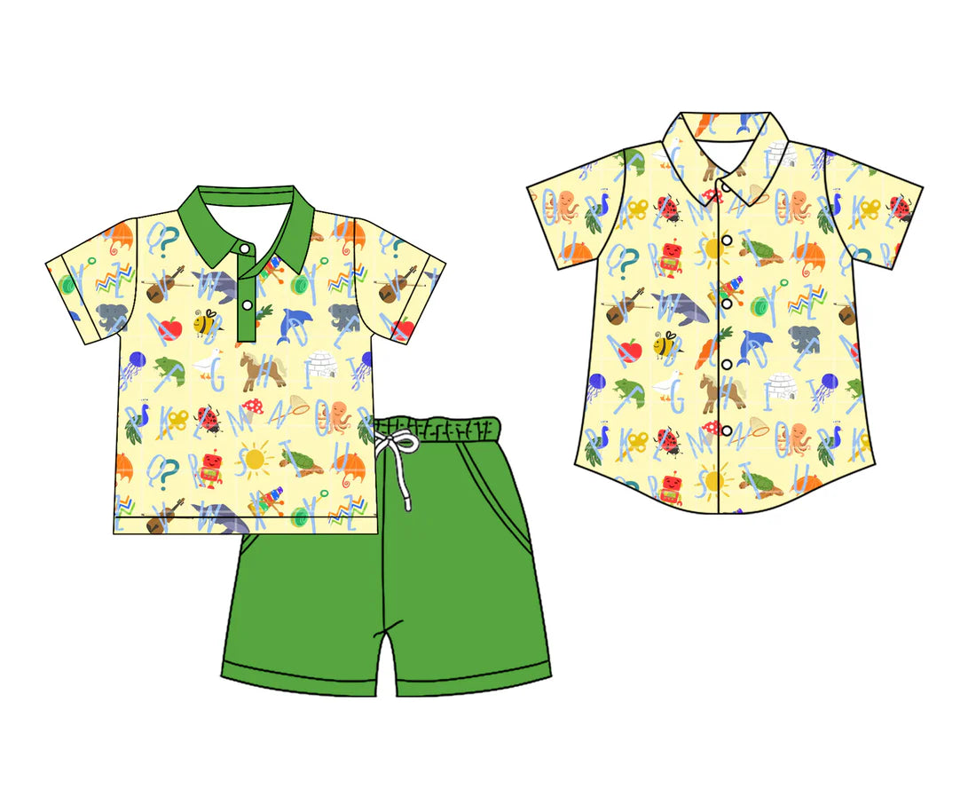 ( Moq 5 Each Style ) Baby Boy Toddler Yellow Short Sleeves Animals Back to School Buttons Shirt Set