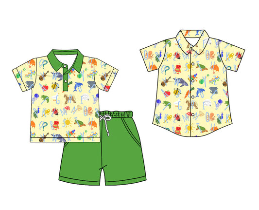 ( Moq 5 Each Style ) Baby Boy Toddler Yellow Short Sleeves Animals Back to School Buttons Shirt Set