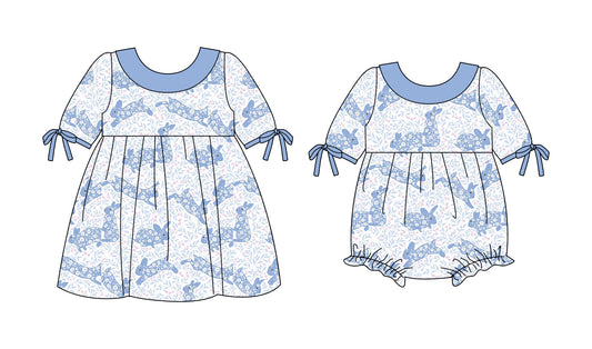 ( Moq 5 Each Style ) Girls Kids Short Sleeves Floral Rabbits Easter Sibling Romper Dress