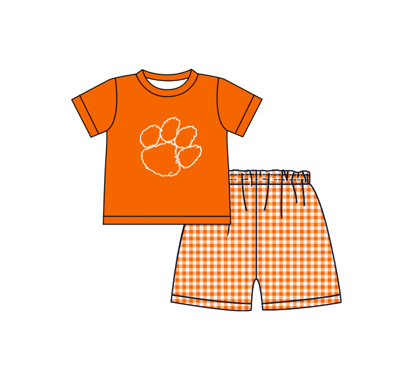 ( Moq 5 ) Baby Boys Toddler Short Sleeves Shirt Orange Plaid Shorts Team Summer Set