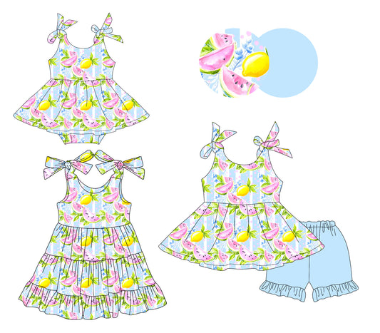 ( Moq 5 Each Style ) Sibling Baby Girls Kids Fruits Blue Romper Dress Set Summer Clothes