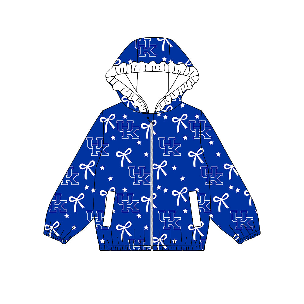 ( Moq 5 ) Custom Baby Girl Kids Bows Pockets Zipper Ruffle Hoodie Blue Coat Team Tops