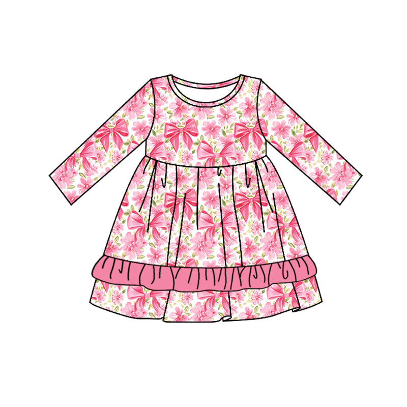 Baby Girl Long Sleeves Bows Flower Pink Dress