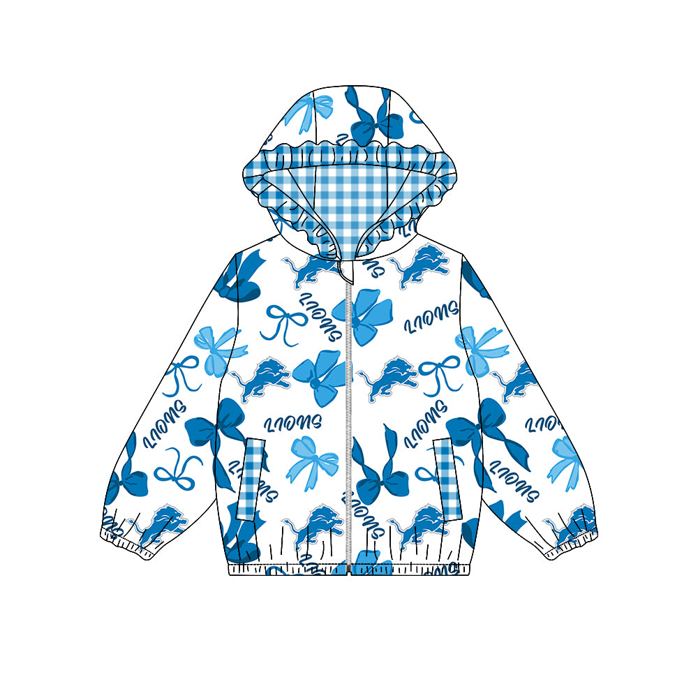 ( Moq 5 ) Custom Baby Girl Kids Bows Pockets Zipper Ruffle Hoodie Jacket Coat Team Tops
