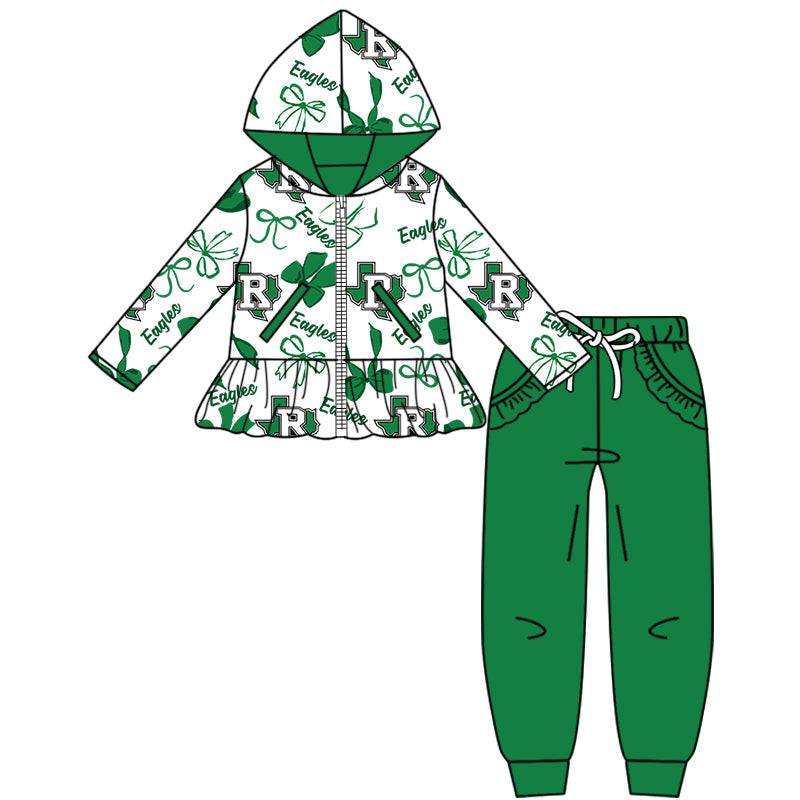 ( Moq 5 each style ) Baby Boy Girl Team Cheer Sibling Shirt Green Bows Dress Set 8.13