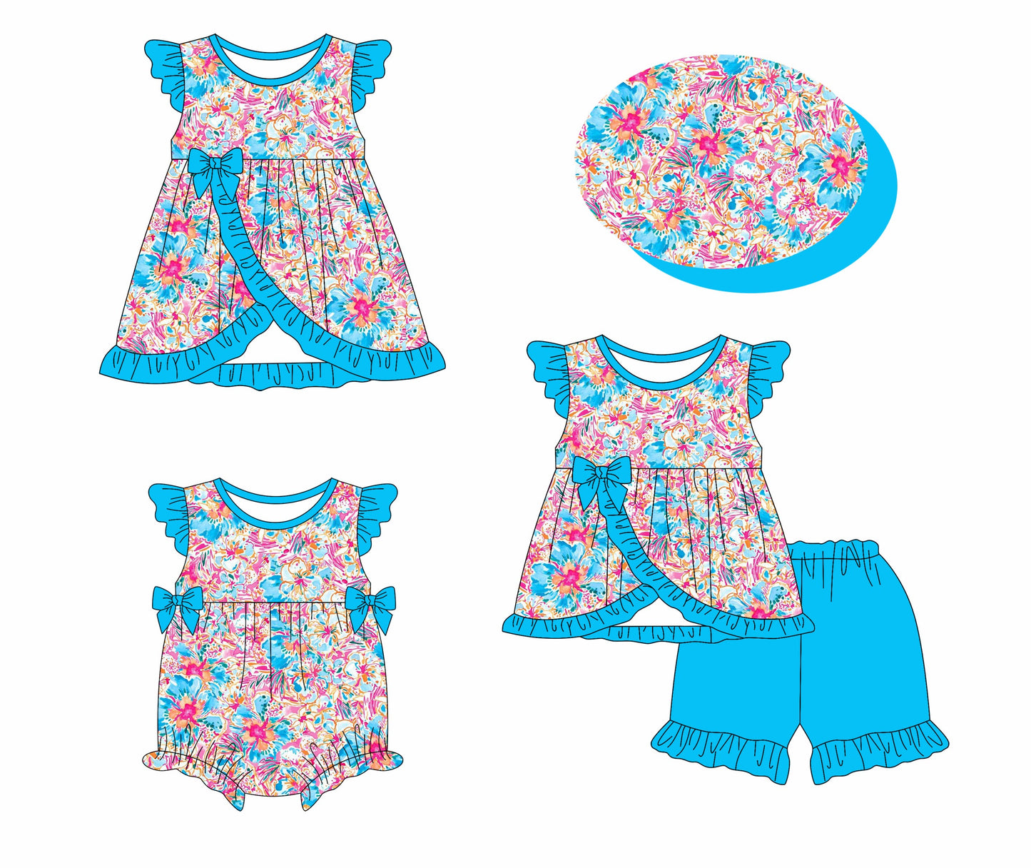 Baby Girl Flower Blue Bows Sibling Romper Dress Set ( Moq 5 Each Style ) 1.14