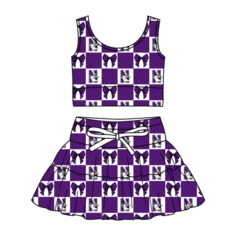 ( Moq 5 ) Baby Girls Toddler Cats Bows Purple Plaid Tops Shorts Skirt Team Set