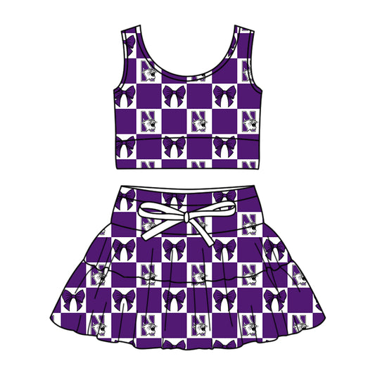 ( Moq 5 ) Baby Girls Toddler Cats Bows Purple Plaid Tops Shorts Skirt Team Set
