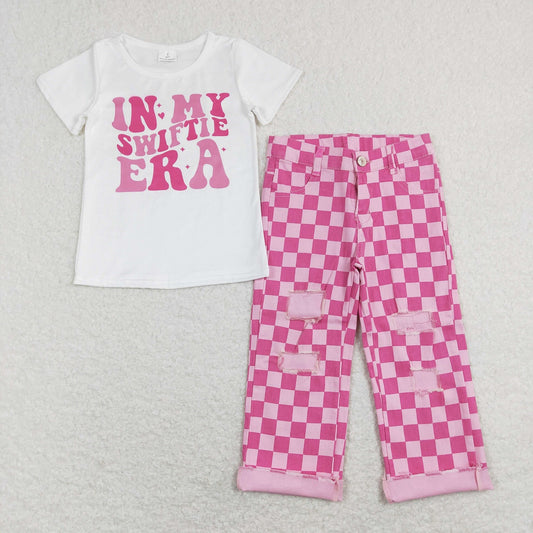 Baby Girl Short Sleeves Shirt Pink Checkered Denim Bell Pants Singer Set