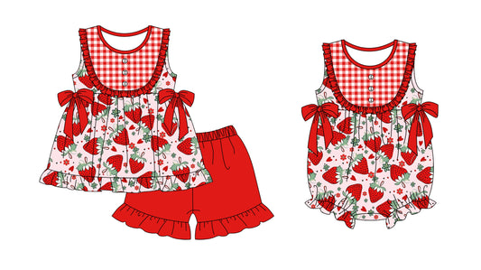 Baby Girl Strawberry Valentines Hearts Bows Sibling Summer Romper Set ( Moq 5 Each Design )