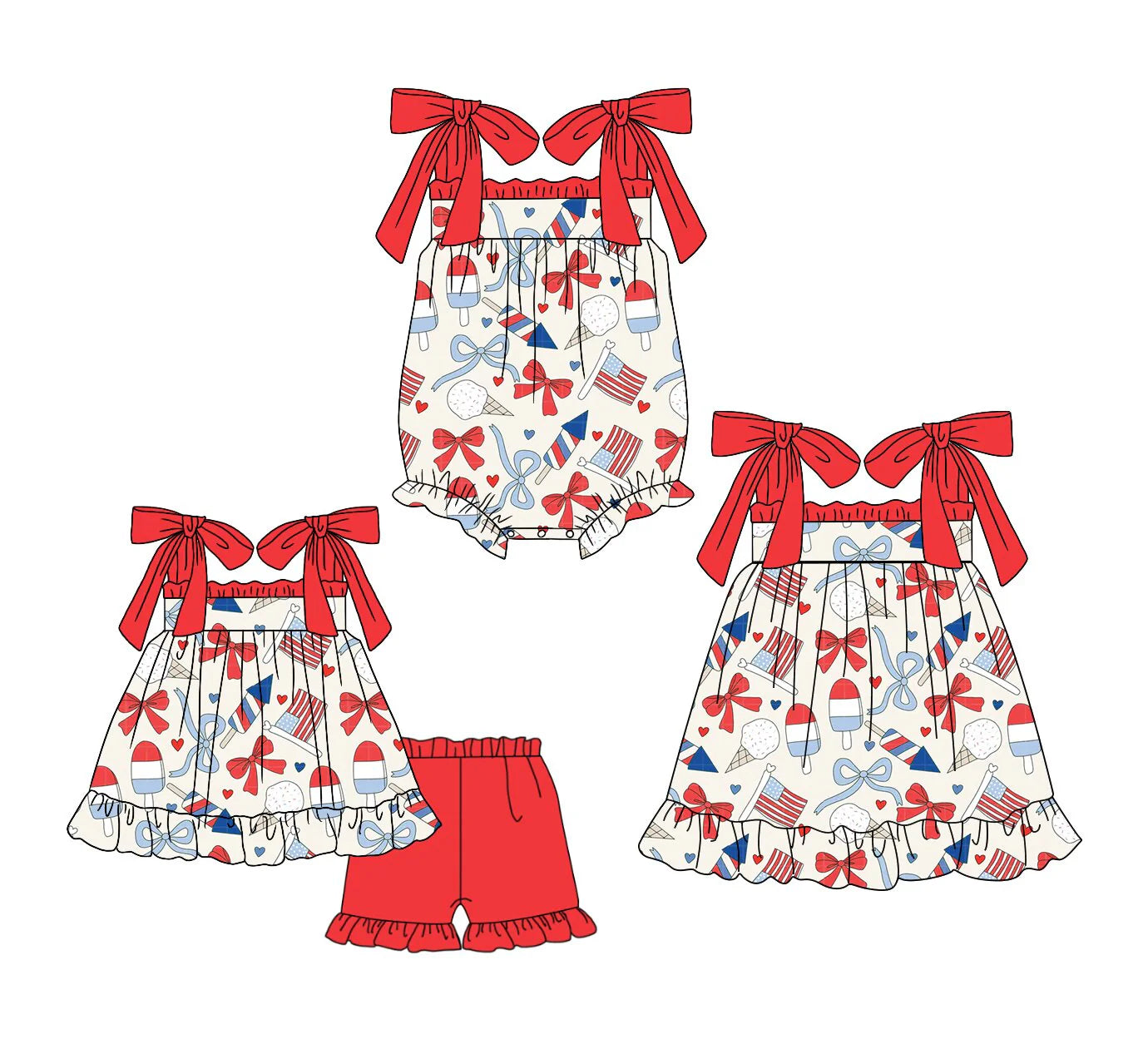 ( Moq 5 Each Style ) Baby Girls Kids Stripes Flags Hearts Sibling 4th of July Romper Dress Set