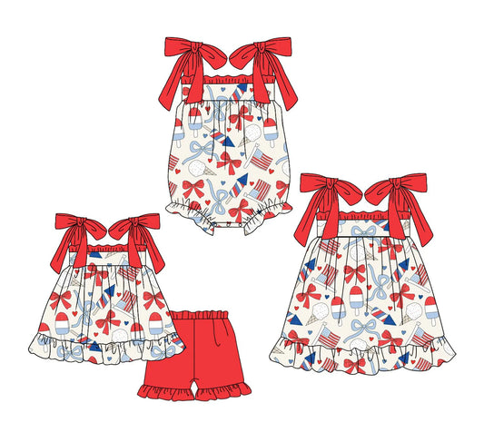 ( Moq 5 Each Style ) Baby Girls Kids Stripes Flags Hearts Sibling 4th of July Romper Dress Set