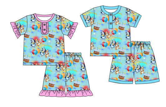 Baby Boy Girl Short Sleeves Dogs Birthday Sibling Pajamas Set ( Moq 5 Each Style ) 3.18