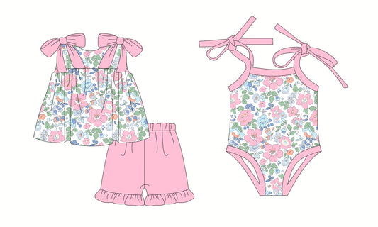 Baby Girl Straps Bows Flower Pink Sibling Romper Set ( Moq 5 Each Style ) 2.28