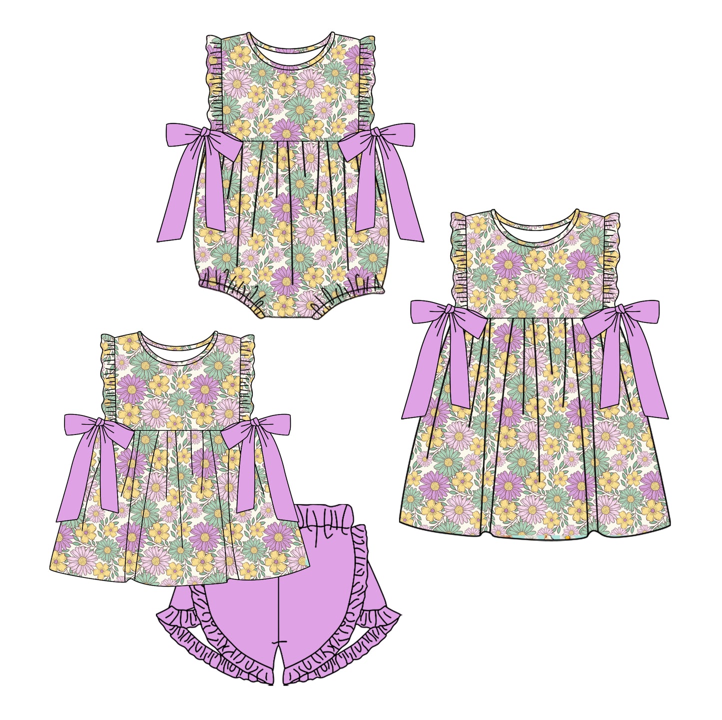 Baby Girl Flower Purple Bows Sibling Matching Romper Dress Clothes Set ( Moq 5 Each Design )