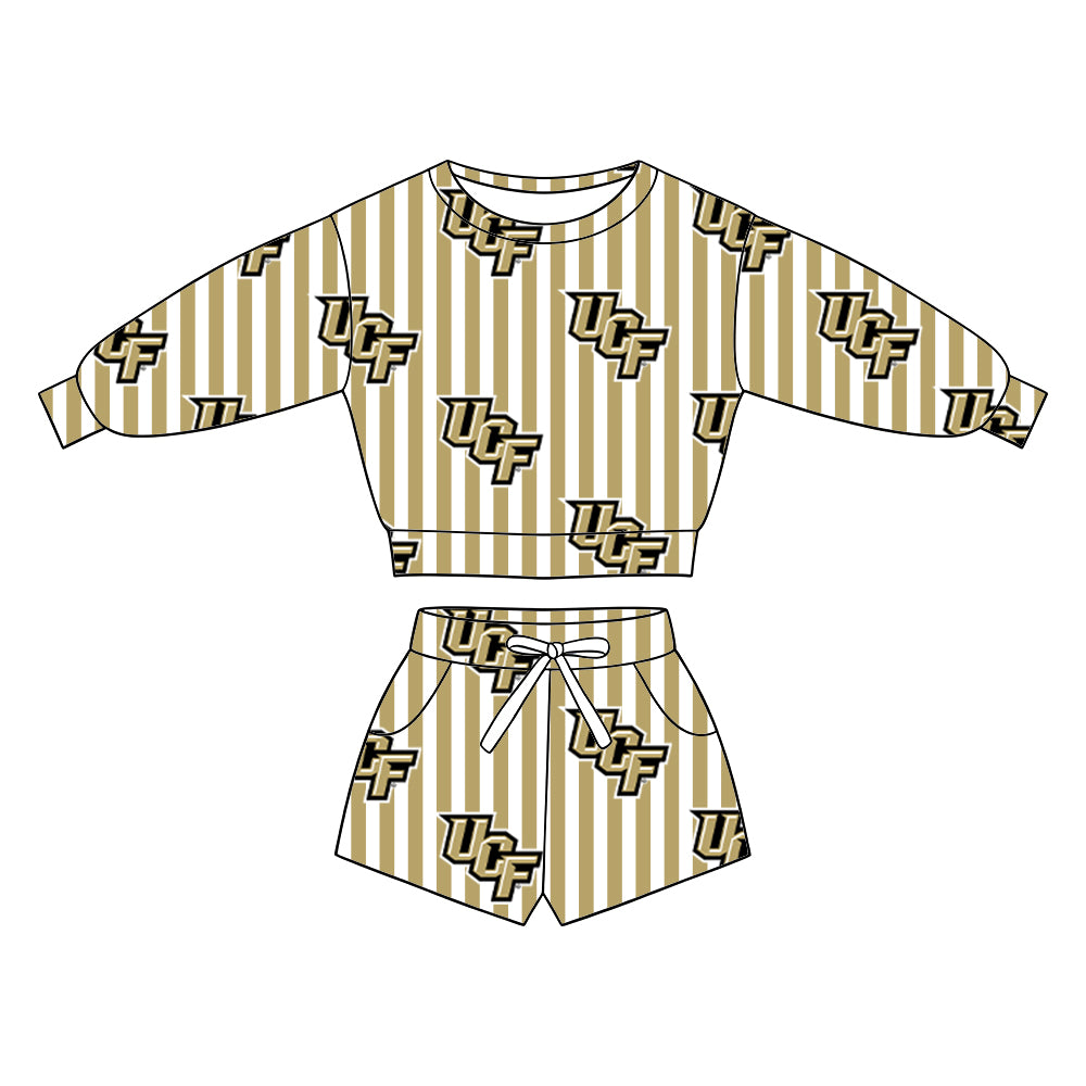 ( Moq 5 ) Baby Girls Kids Long Sleeves Shirt Pockets Shorts Team Set Clothes
