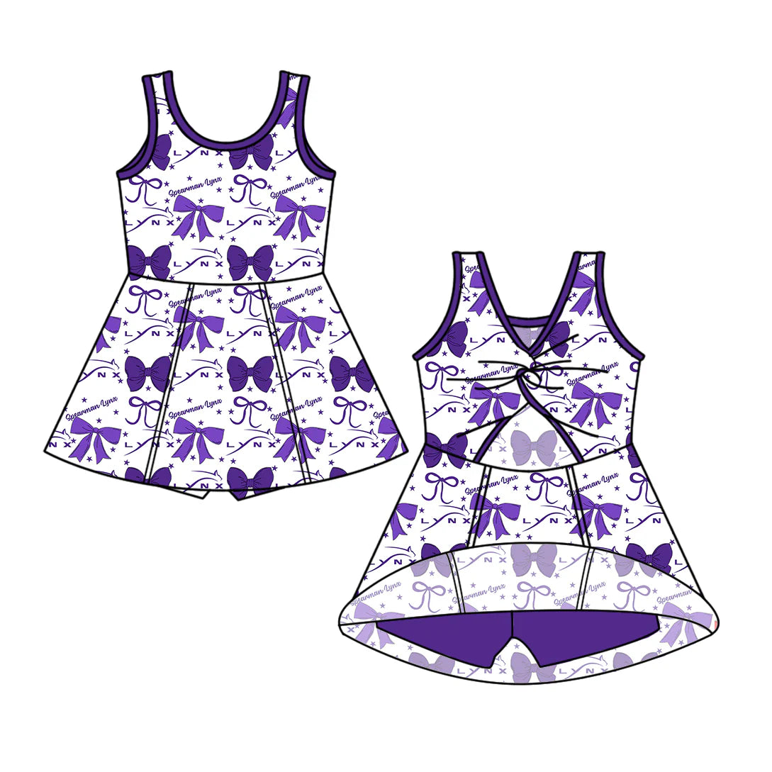 ( Moq 5 each style ) Baby Girl Summer Team Cheer Sibling Purple Bows Dress Set 7.19