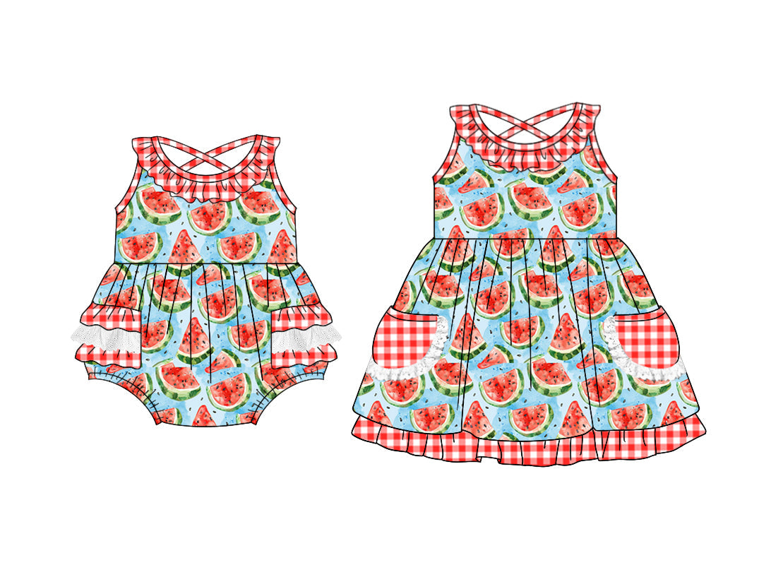 Baby Girl Checked Pockets Watermelon Sibling Romper Dress ( Moq 5 Each Style ) 3.11