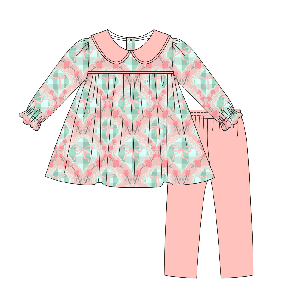 Baby Girl Long Sleeves Bows Floral Tops Pink Pants Set