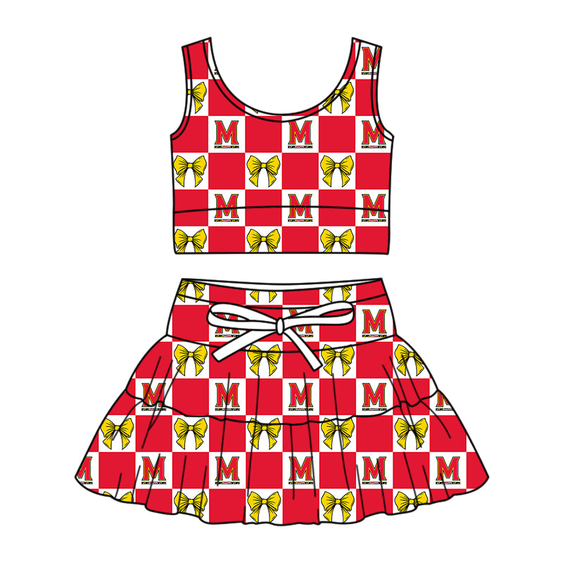 ( Moq 5 Each Style ) Baby Girls Kids Toddler Bows M Red Plaid Tops Shorts Skirt Team Set