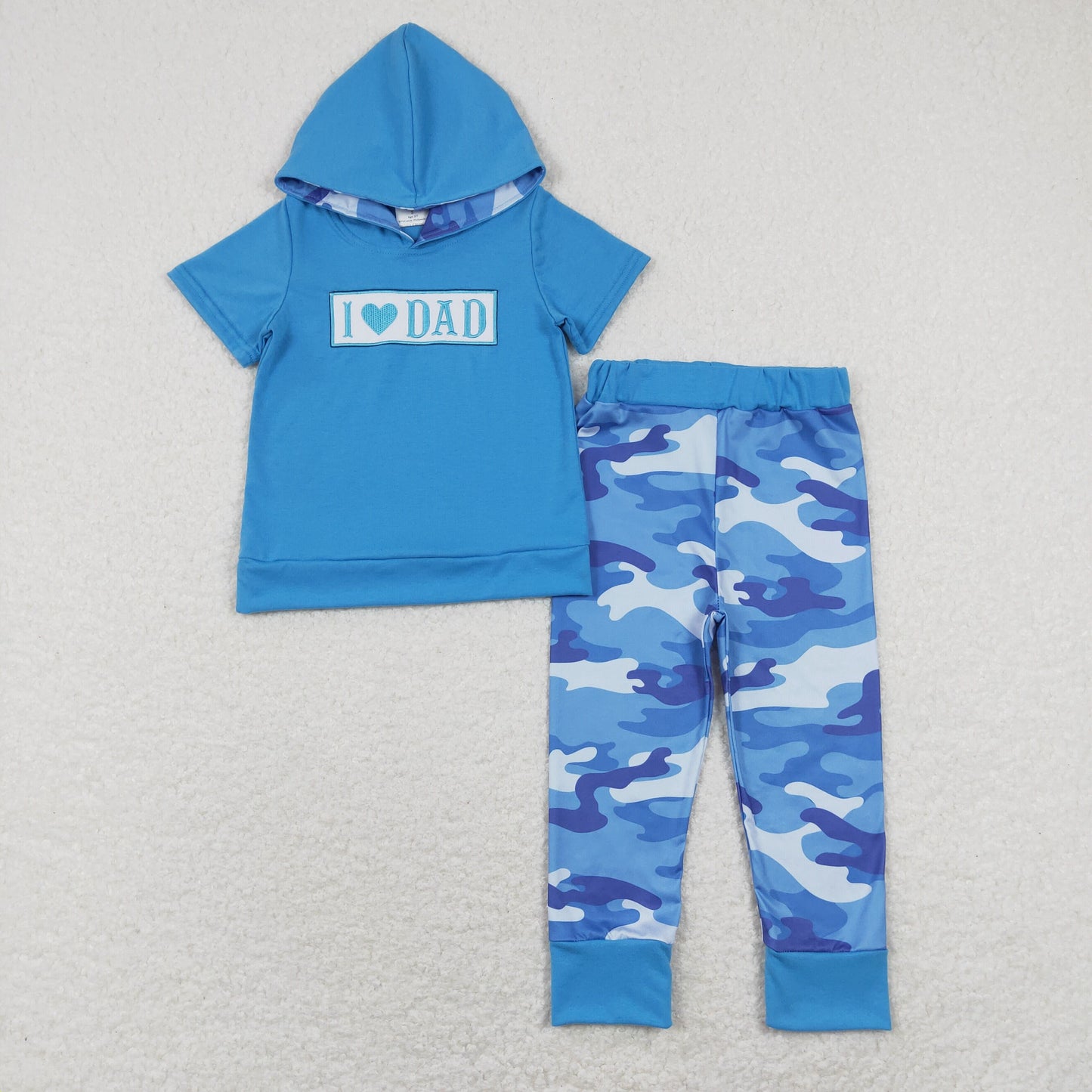 BSPO0281 Baby Boy Short Sleeves Embroidery I Love Dad Hoodie Shirt Camo Pants Set