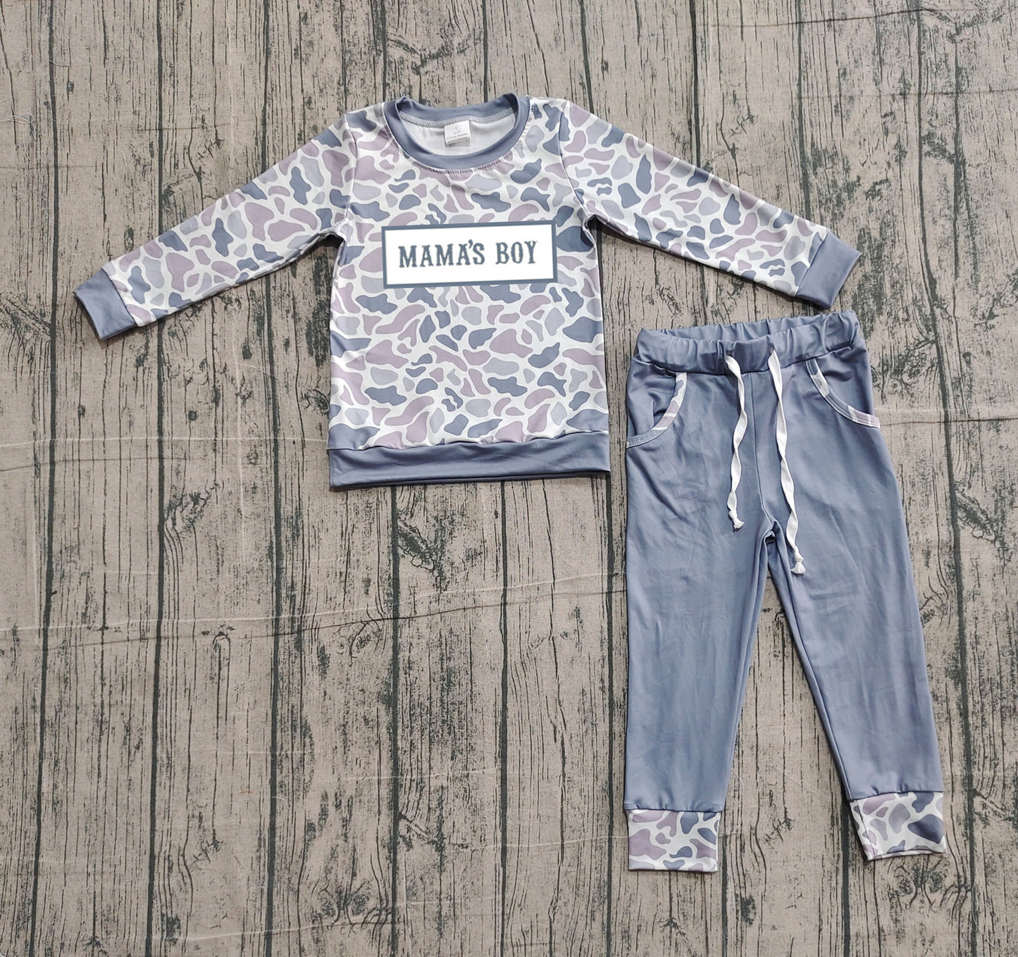 ( No moq ) Preorder Baby Boys Kids Embroidery Mama's Boy Camo Shirt Pockets Grey Pants Clothes Set