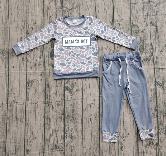 ( No moq ) Preorder Baby Boys Kids Embroidery Mama's Boy Camo Shirt Pockets Grey Pants Clothes Set
