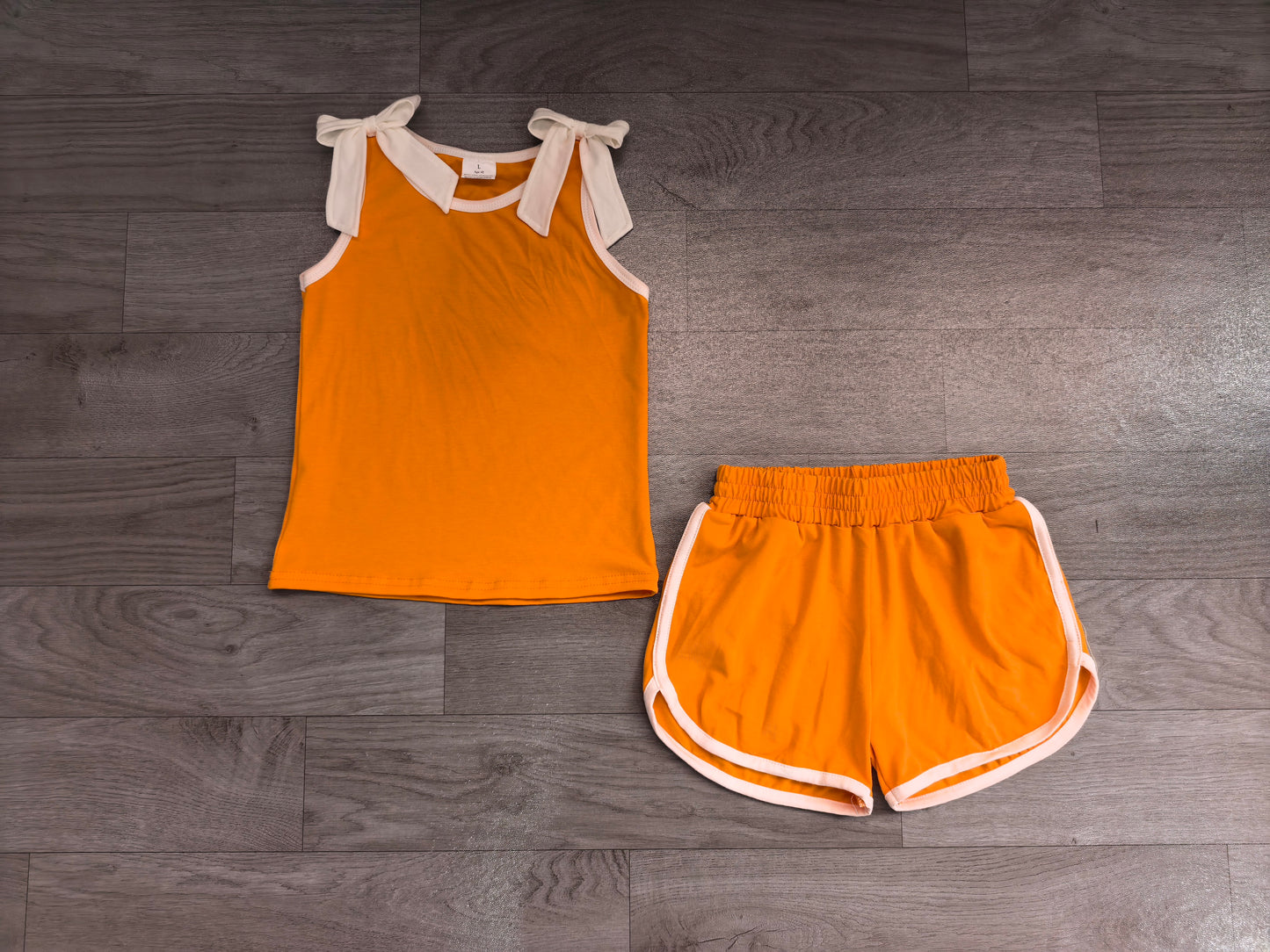 ( No moq ) Preorder Baby Girls Kids Sleeveless Bows Shirt Shorts Orange Set Summer Clothes