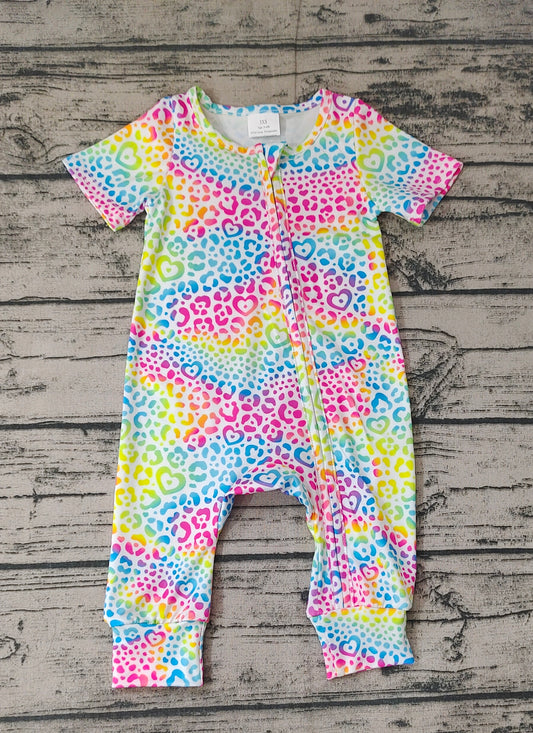 No Moq Pre-order Baby Kids Short Sleeves Colorful Leopard Zipper One Piece Romper