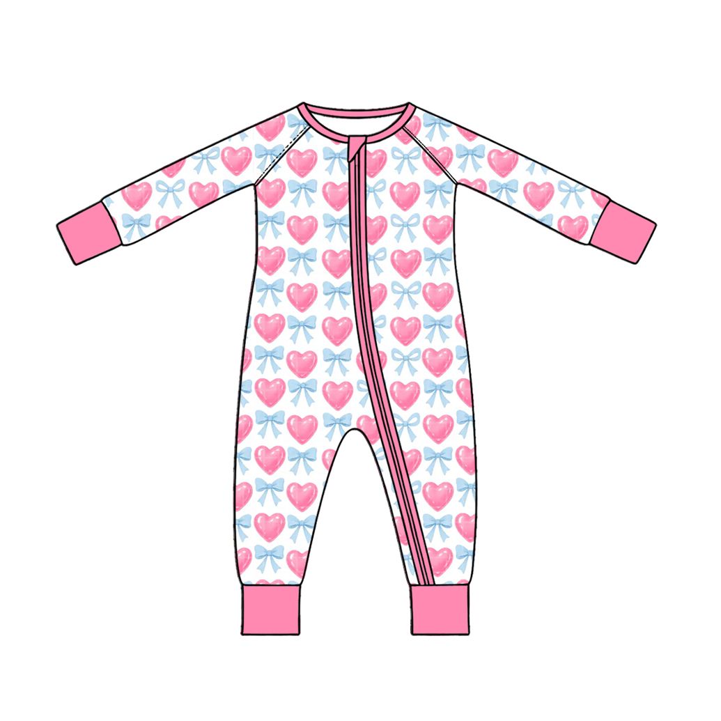 ( Moq 5 )  Preorder Baby Girls Hearts Bows Zipper Sleeper Romper Valentine Clothes