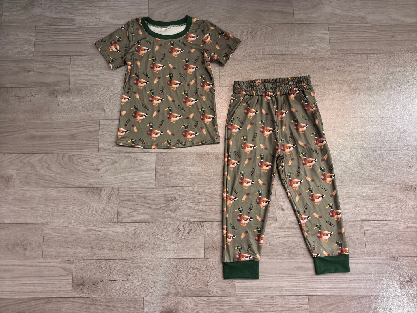 ( No moq ) Preorder Baby Boys Kids Short Sleeves Ducks Shirt Pants Pajamas Hunting Set Clothes