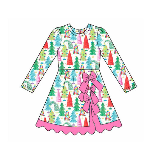 ( Moq 5 ) Preorder Baby Girls Kids Long Sleeves Christmas Tree Scallop Dress Yoga Active Clothes