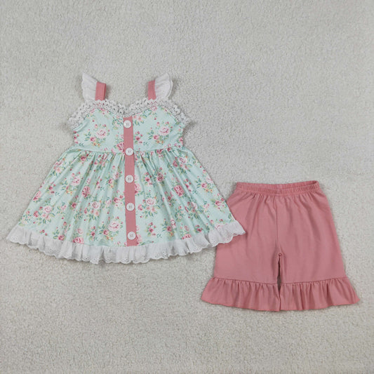 Baby Girls Kids Sleeveless Flowers Buttons Tunic Pink Ruffle Shorts Clothes Set RTS