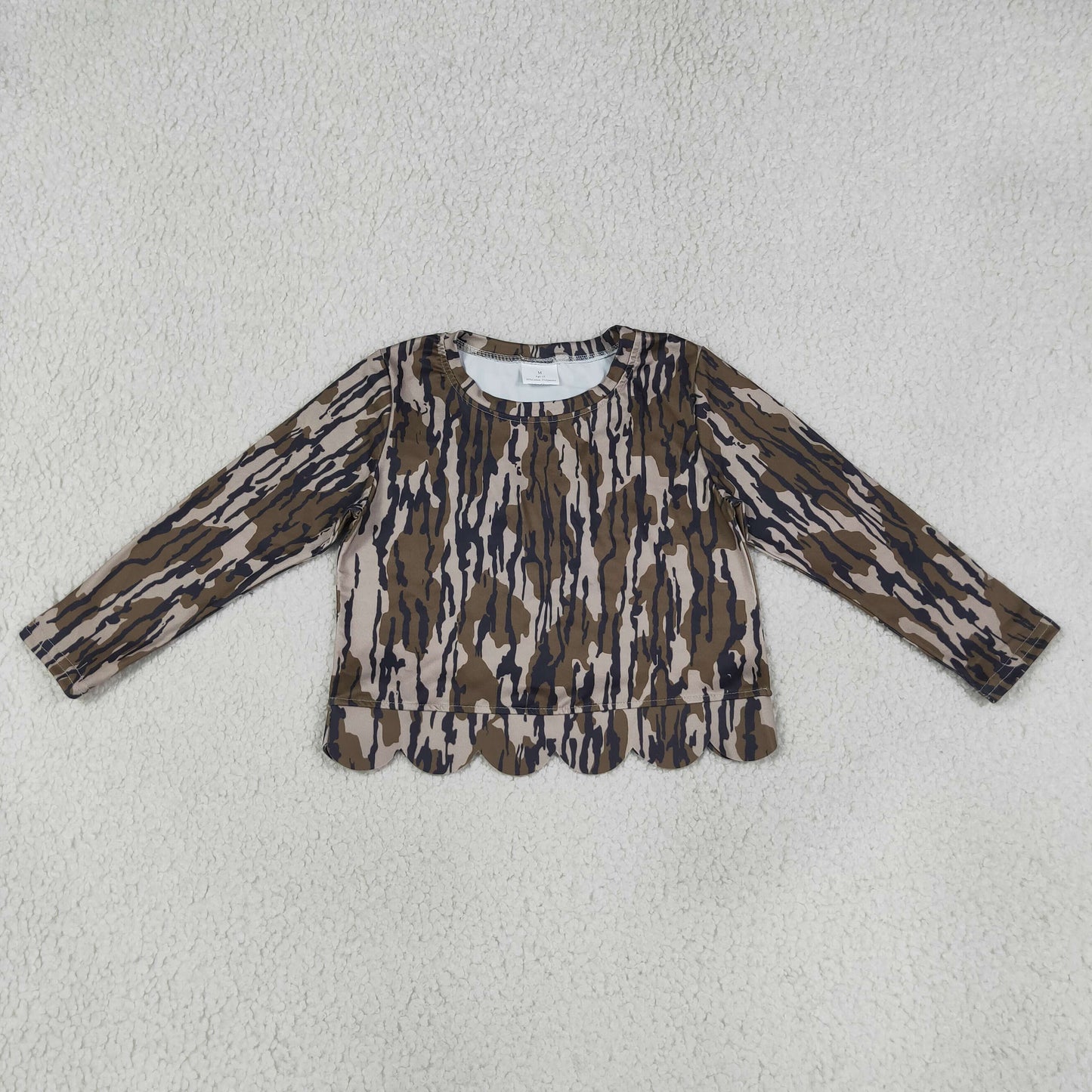 ( No moq ) Preorder Baby Girls Kids Long Sleeves Olive Camo Scallop Shirt Kids Tops Clothes