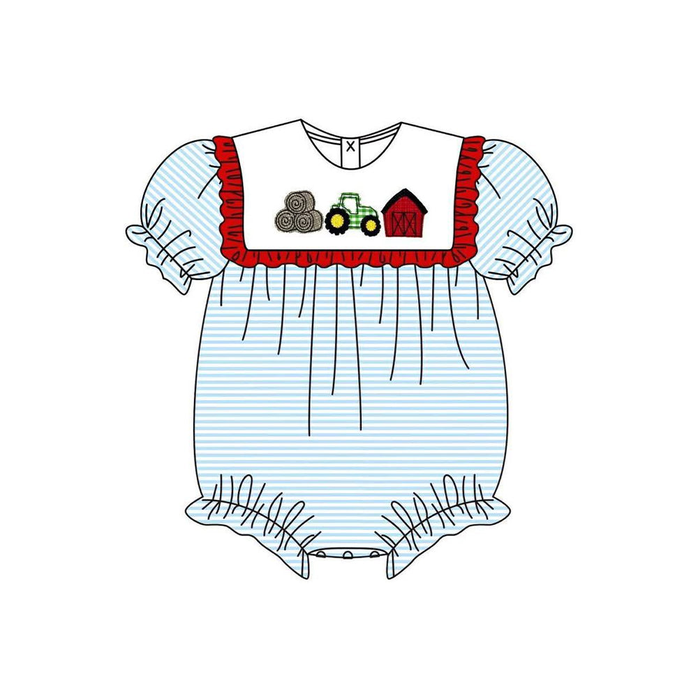 ( Moq 5 ) Preorder Baby Girl Kids Short Sleeves Tractor Farm Blue Stripes Bubble Romper