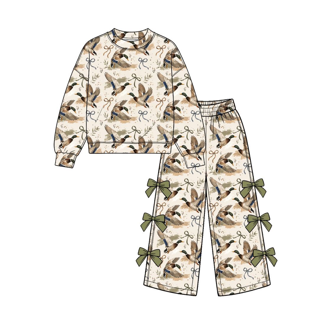 ( Moq 5 ) Preorder Baby Girls Kids Long Sleeves Ducks Shirt Bows Pants Set Clothes