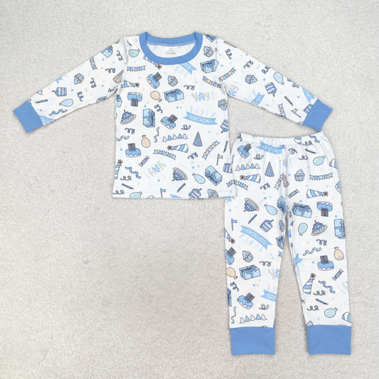 RTS Baby Boy Long Sleeves Birthday Shirt Pants Pajamas Blue Set