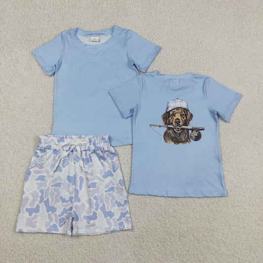 Baby Boys Kids Short Sleeves Dog Fishing Shirt Blue Camo Pockets Shorts Set Clothes RTS