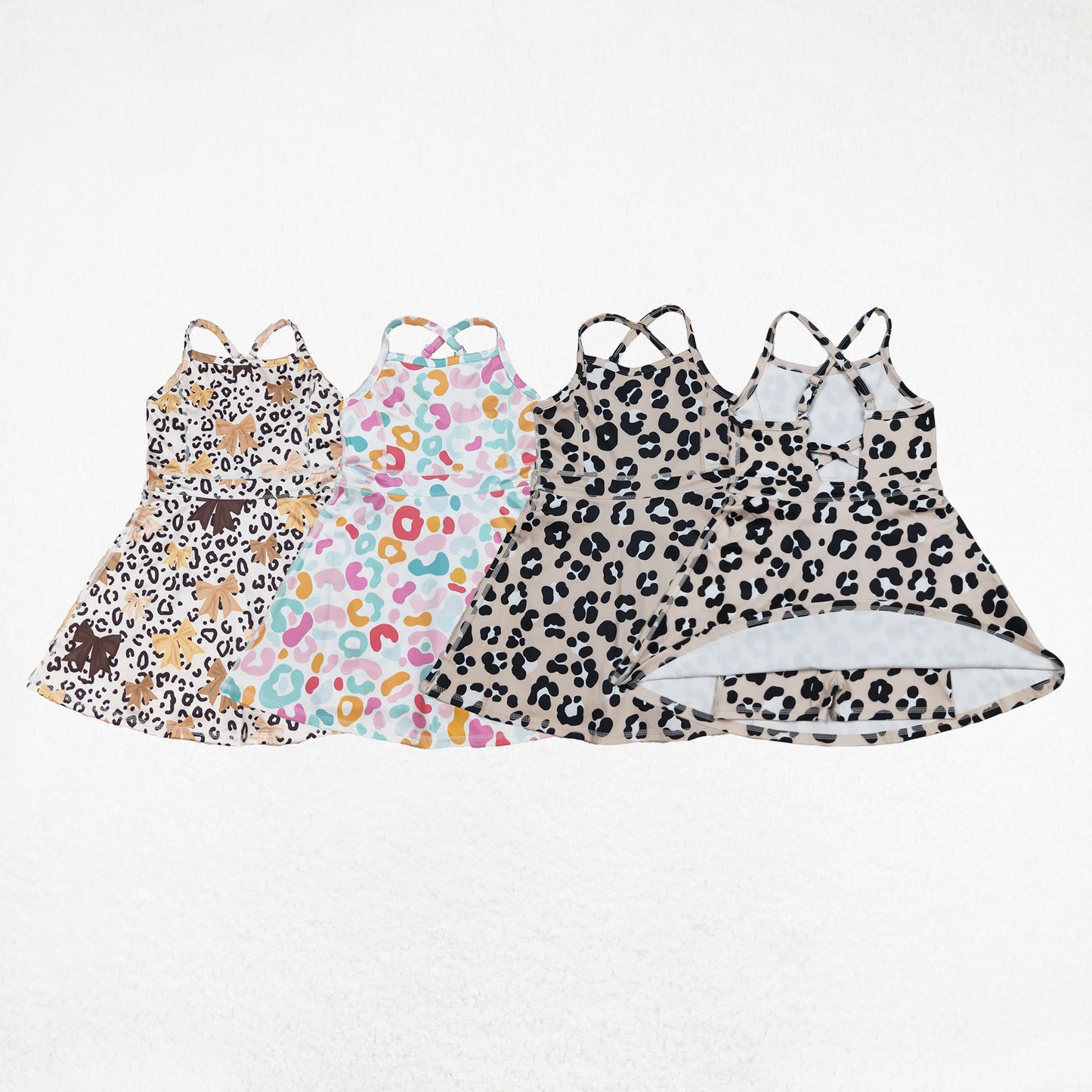 Sibling 3 Colors Baby Girls Colorful Leopard Shorts Yoga Active Knee Length Dresses Set